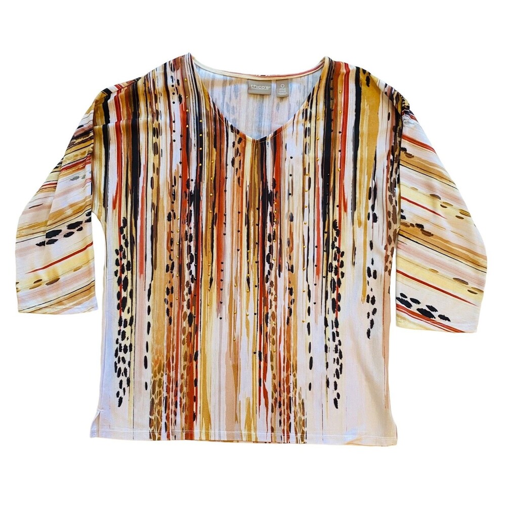 Chico’s Womens Top Size 0 Small 3/4 Sleeve Embellished Animal Print V Neck